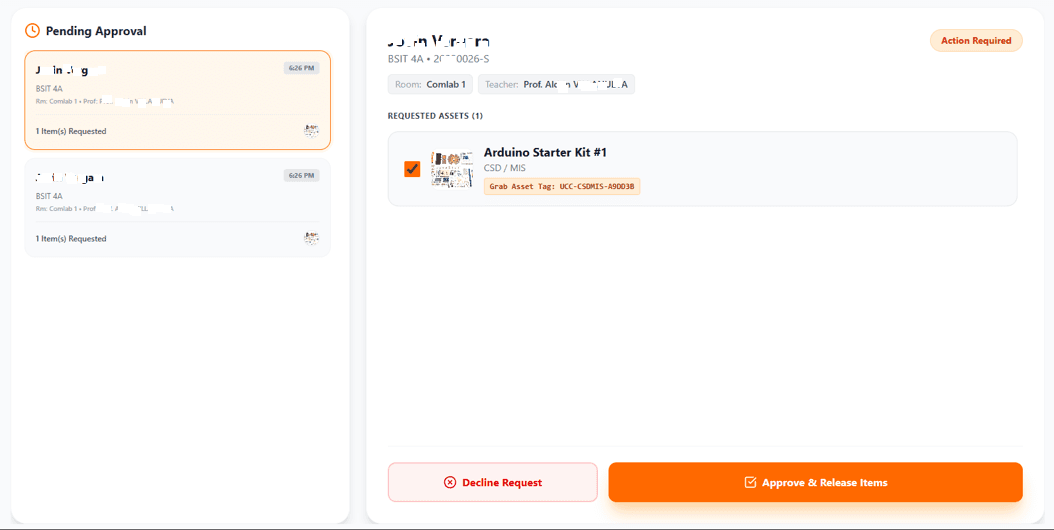 Request detail view with borrower, room, and item accountability.