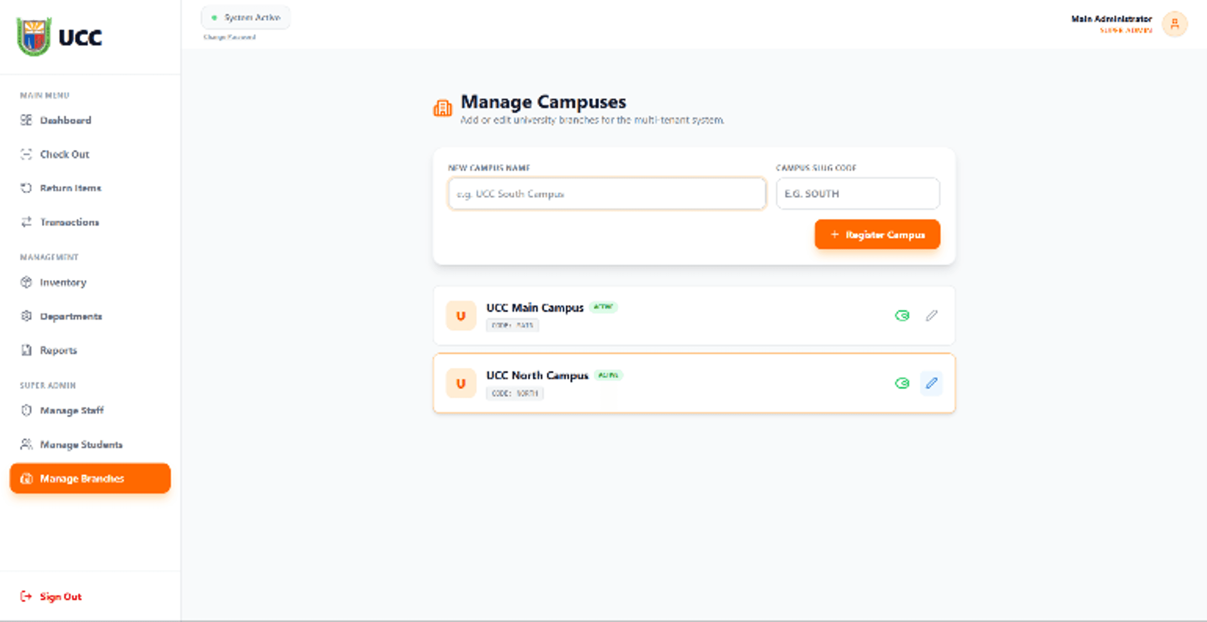 Multi-campus branch management for the super admin role.