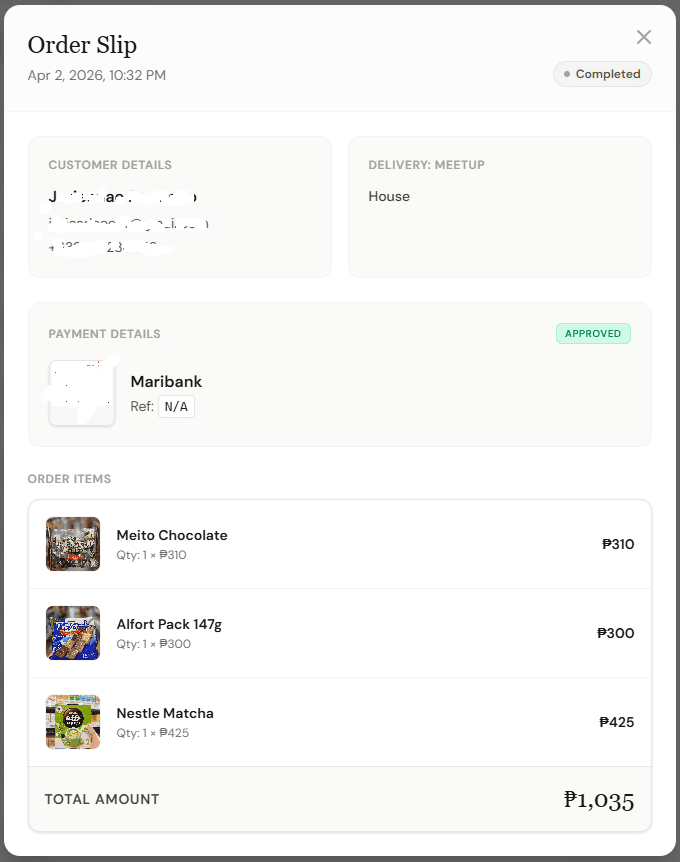 Order flow with quantity, delivery method, and meetup details.