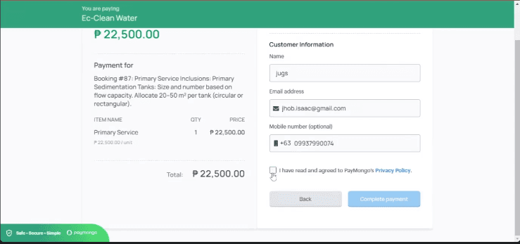 Client checkout via PayMongo integration.