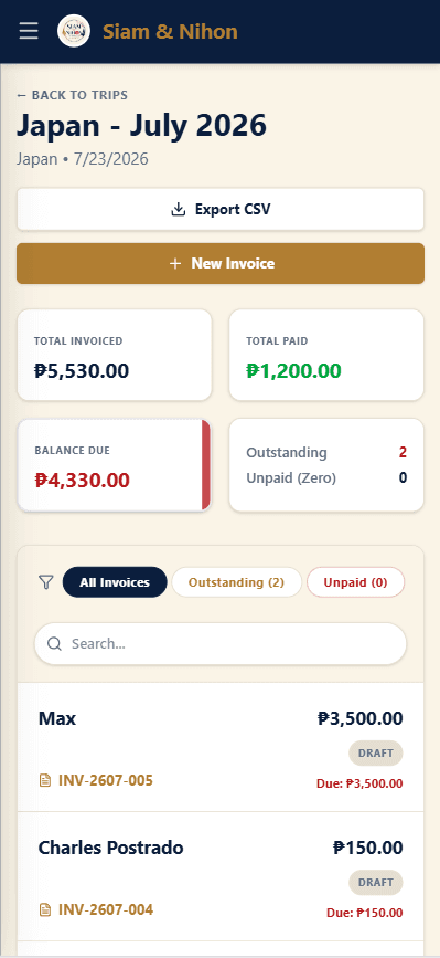Trip-level invoice manager featuring custom CSV export and payment status filtering.