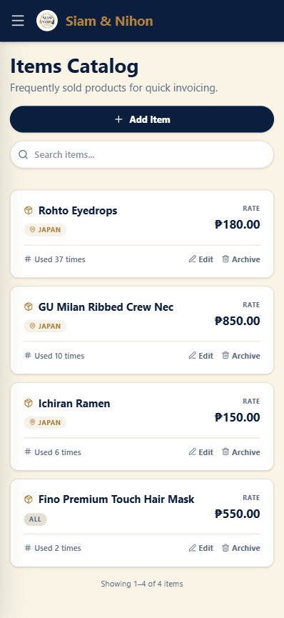 Product catalog with automated usage counts for rapid line-item additions.