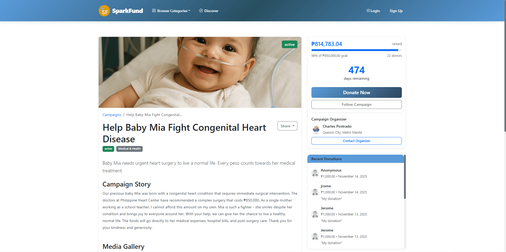 Campaign page showing funding progress and donor activity.