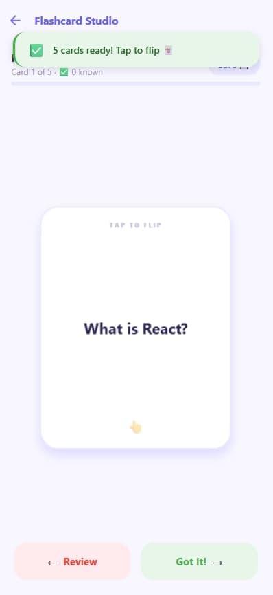 The Flashcard Studio offers a clean, distraction-free UI for active recall, built with fluid, gesture-driven animations for flipping and swiping.