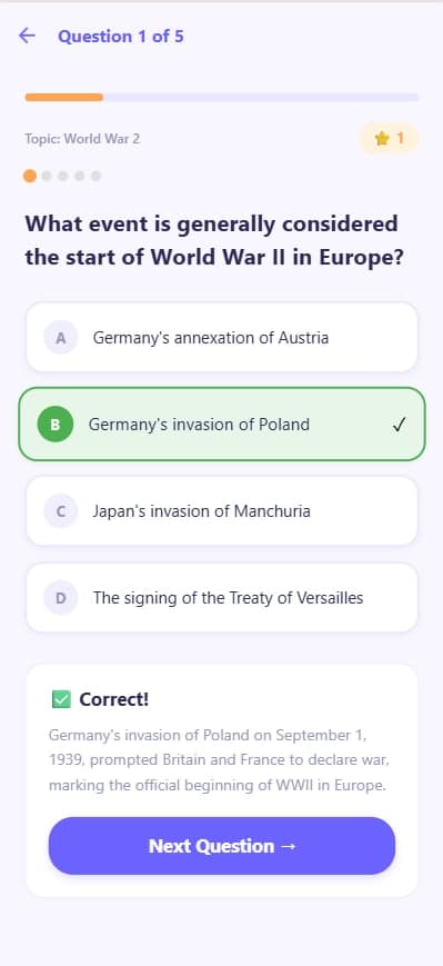 Interactive multiple-choice quizzes utilize complex conditional rendering to provide immediate visual feedback and detailed AI explanations for the selected answer.