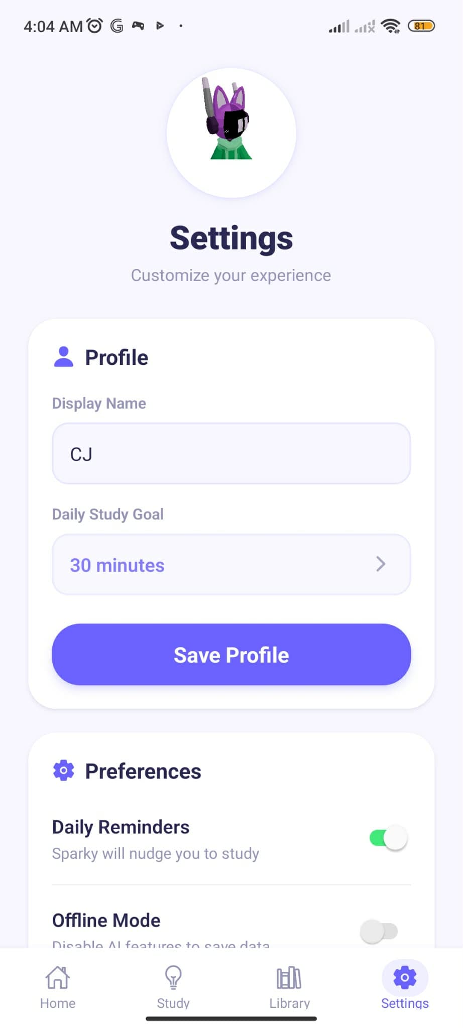 A robust profile settings page demonstrating reliable local state management, allowing users to customize their display name and daily study targets.